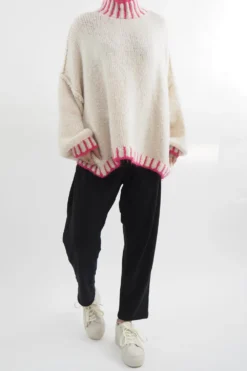 Made In Italy Arlo Oversized Blanket Stitch Knit Top Ecru