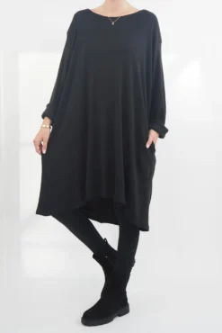 Made In Italy Chalet Pocketed Swing Soft Knit Dress Black -VogueCurve Store made in italy chalet pocketed swing dress black04.jpg