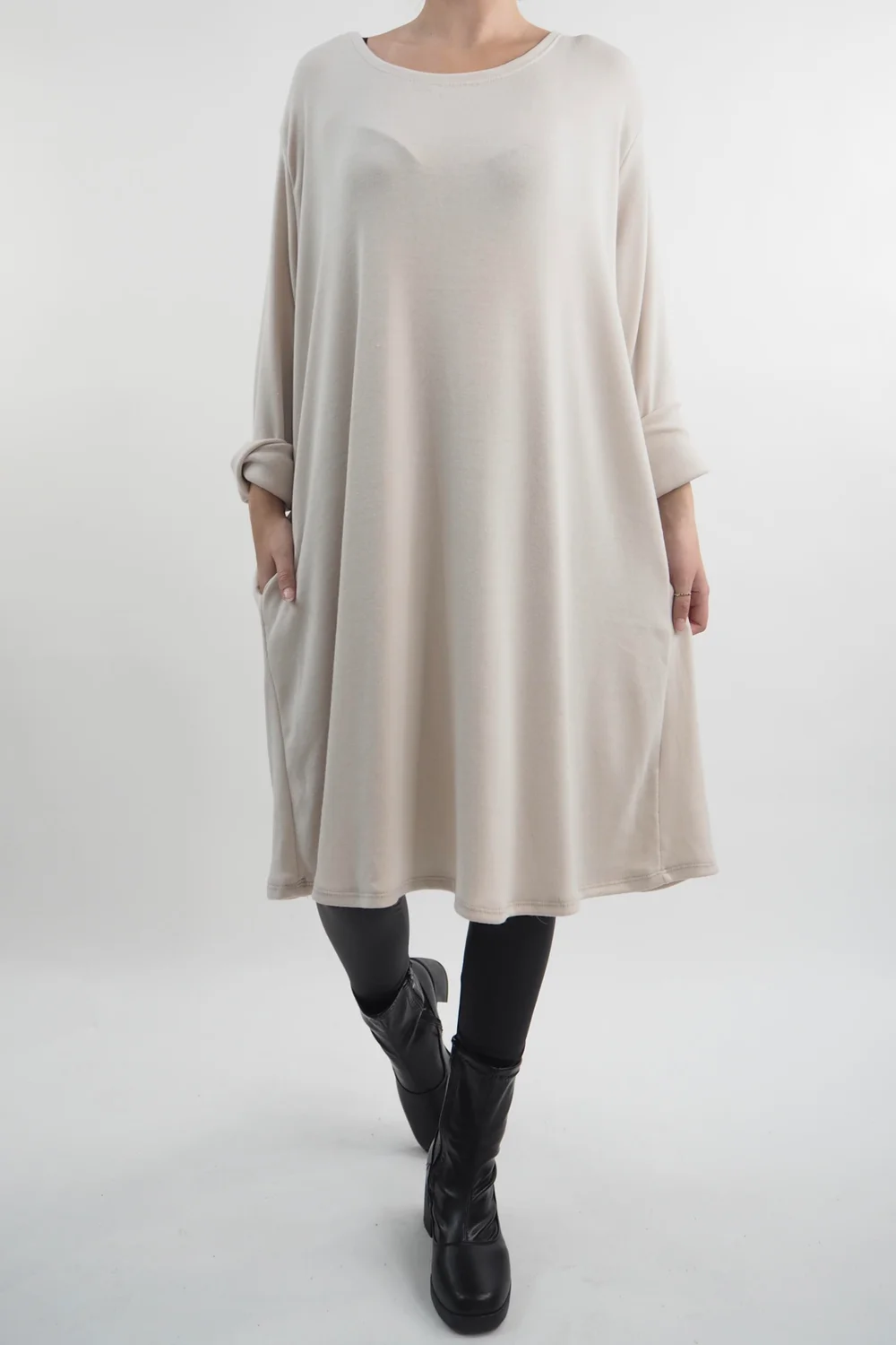 Made In Italy Chalet Pocketed Swing Soft Knit Dress Stone 3 Made In Italy Chalet Pocketed Swing Soft Knit Dress Stone