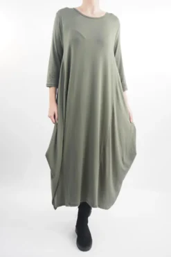 Made In Italy Classic Long Sleeve Parachute Maxi Dress Khaki
