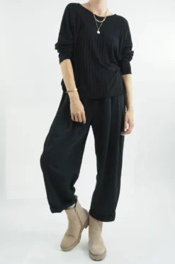 Made In Italy Classic Super Soft Ribbed Fine Knit Top Black