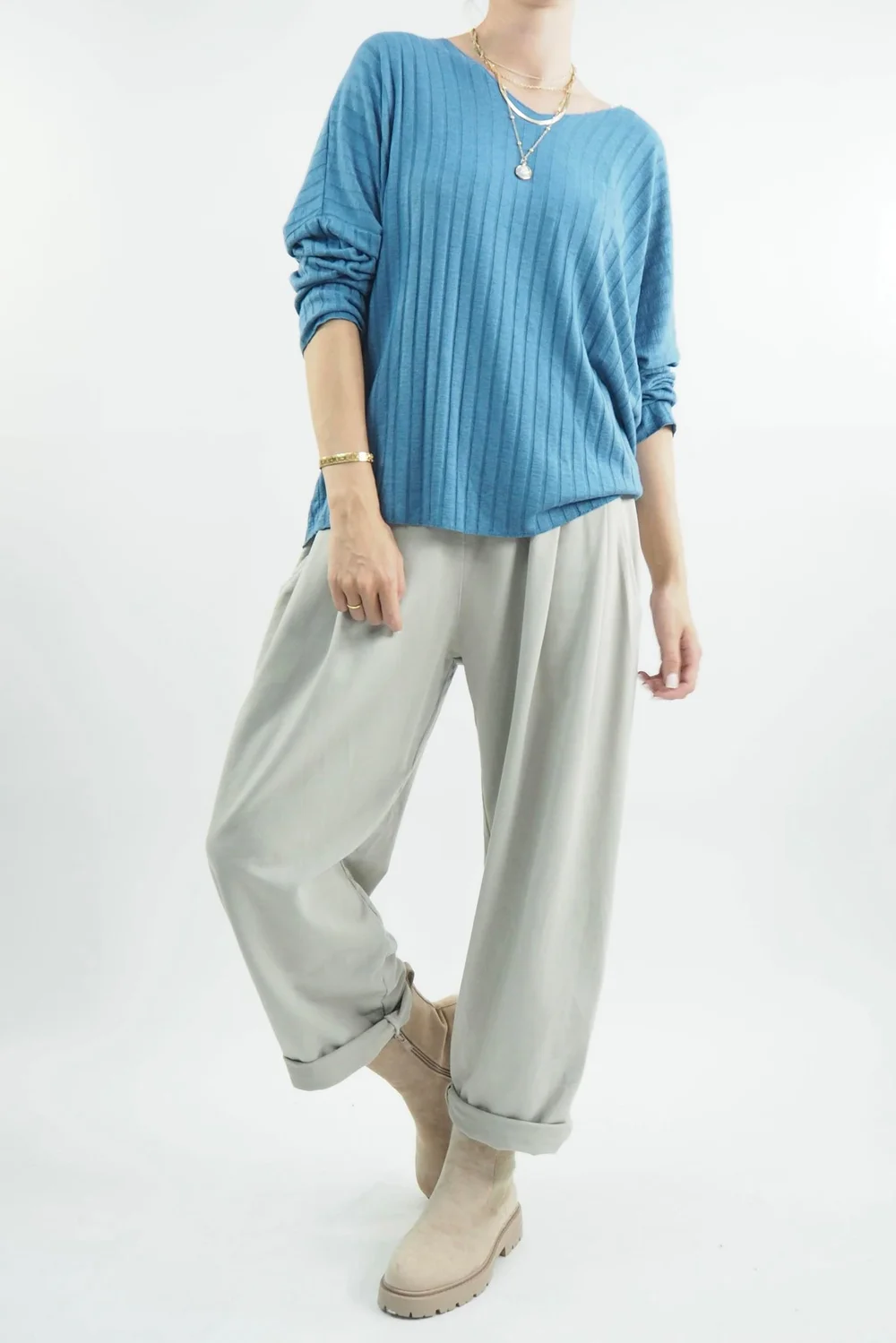 Made In Italy Classic Super Soft Ribbed Fine Knit Top Denim 6 Made In Italy Classic Super Soft Ribbed Fine Knit Top Denim - Image 4