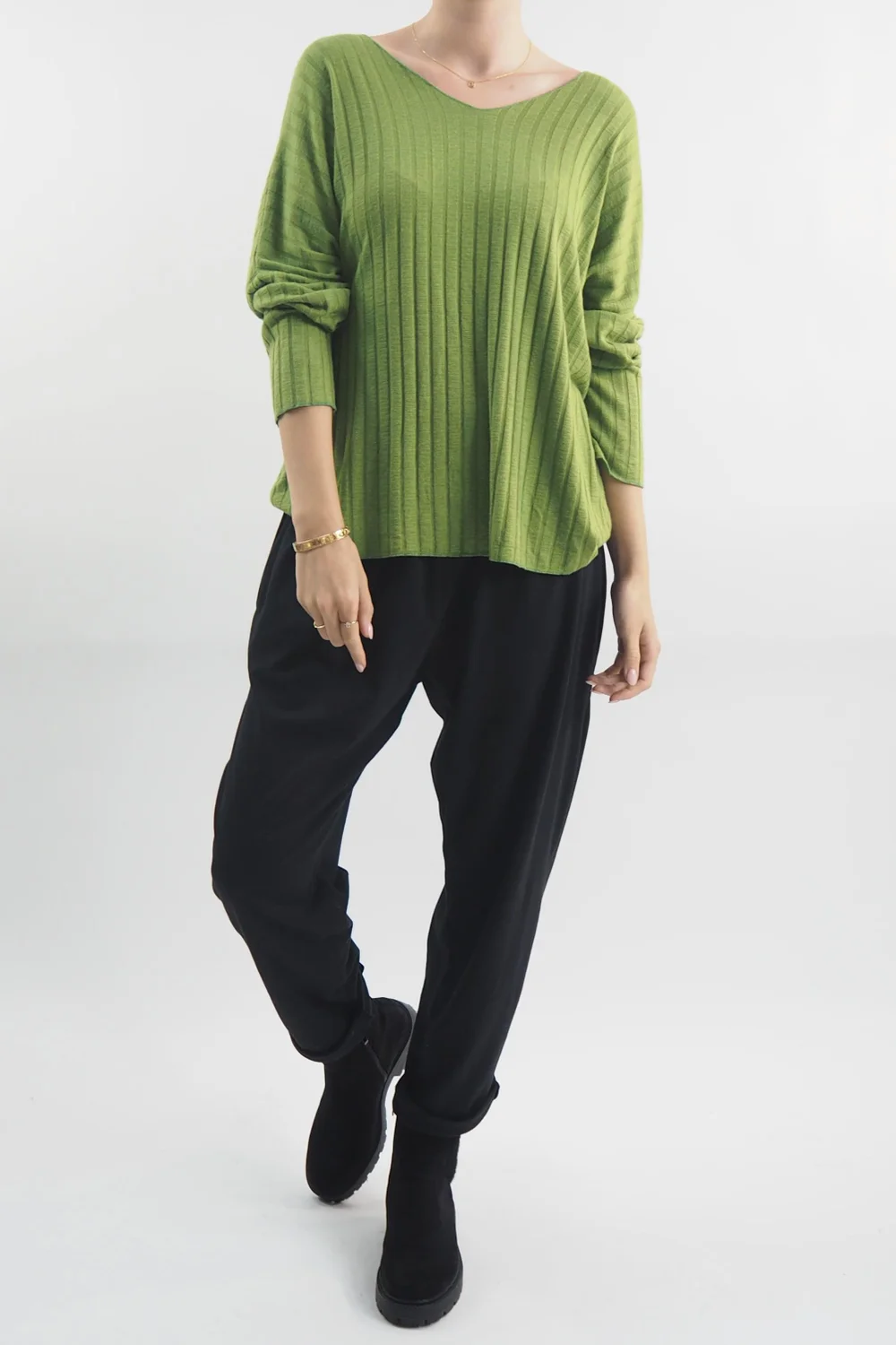 Made In Italy Classic Super Soft Ribbed Fine Knit Top Matcha / 3 Made In Italy Classic Super Soft Ribbed Fine Knit Top Matcha /