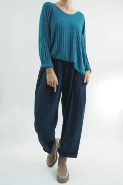 Made In Italy Classic Super Soft Ribbed Fine Knit Top Prussian