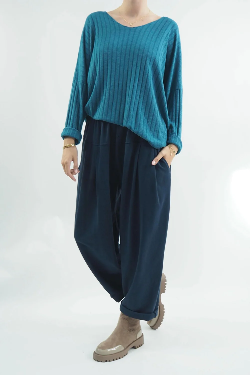 Made In Italy Classic Super Soft Ribbed Fine Knit Top Prussian 6 Made In Italy Classic Super Soft Ribbed Fine Knit Top Prussian - Image 4