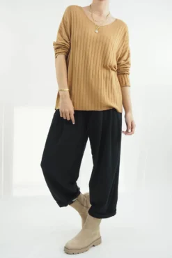 Made In Italy Classic Super Soft Ribbed Fine Knit Top Tan -VogueCurve Store made in italy classic super soft ribbed fine knit tan04.jpg