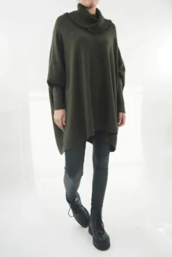 Made In Italy Conrad Oversized Fray Cowl Knit Top Deep Khaki