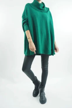 Made In Italy Conrad Oversized Fray Cowl Knit Top Emerald