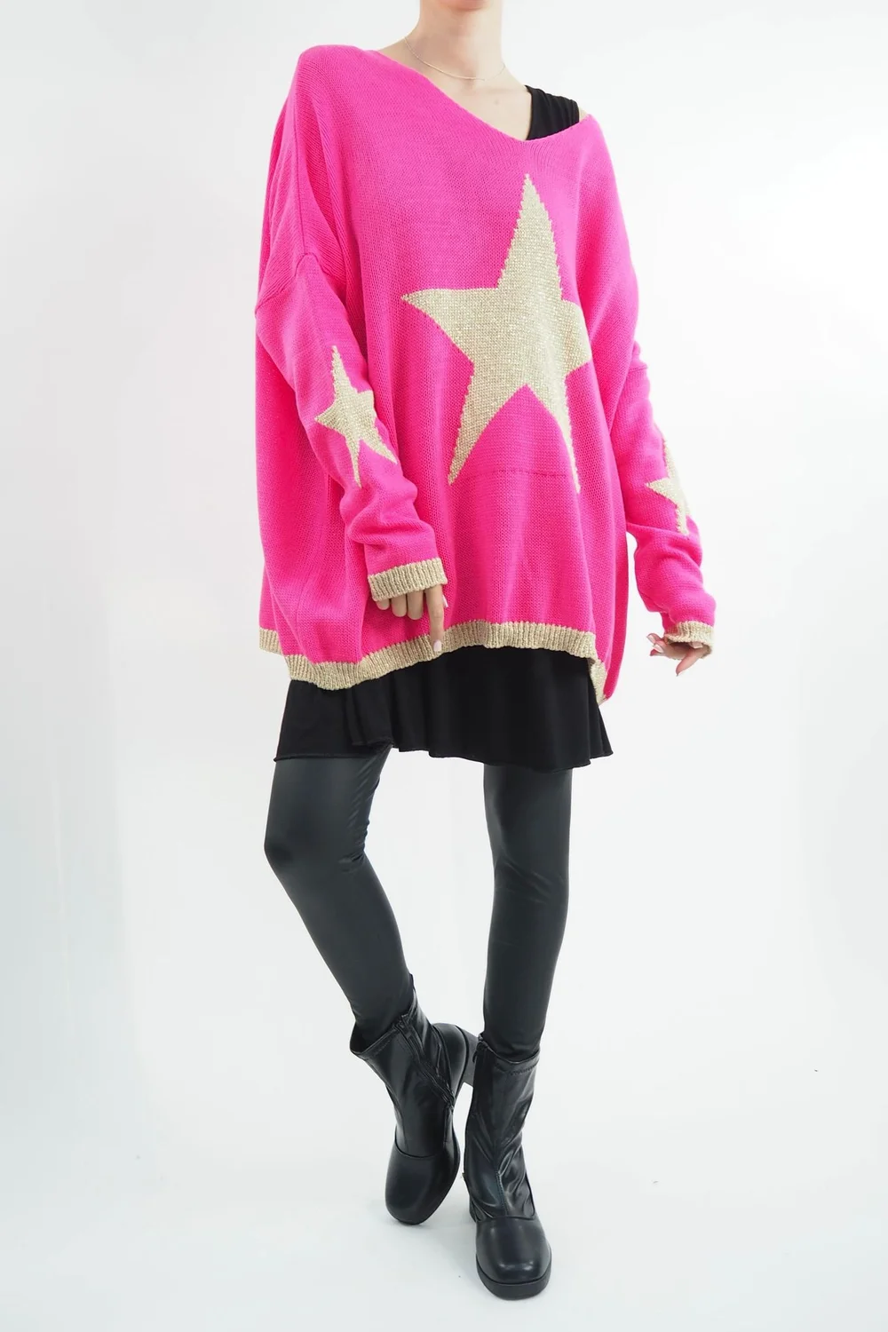 Made In Italy Dani Oversized Triple Star Grunge Knit Top Hot Pink 3 Made In Italy Dani Oversized Triple Star Grunge Knit Top Hot Pink