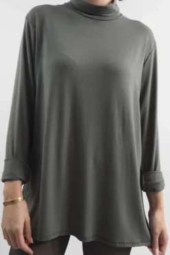 Made In Italy Fine Jersey Polo Neck Top Khaki