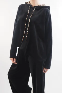 Made In Italy Leopard Love Stretch Velour Hoodie Black /