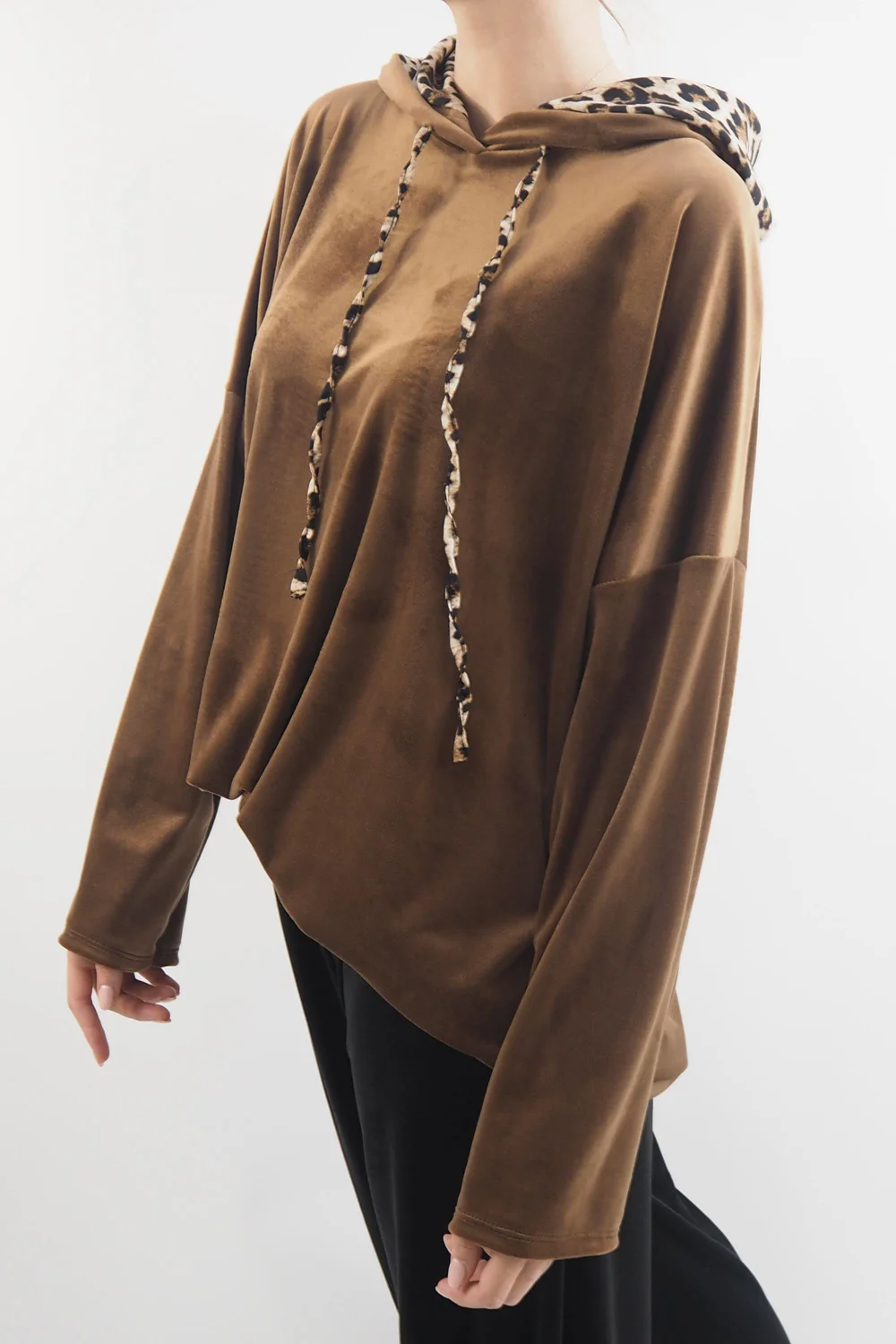 Made In Italy Leopard Love Stretch Velour Hoodie Tan