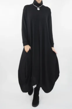 Made In Italy Moxie Polo Neck Tulip Knit Dress Black *