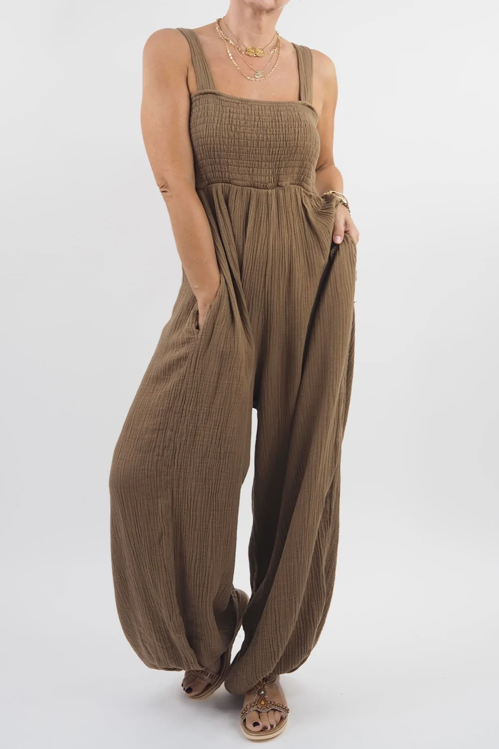 Made In Italy Obi Crepe Cotton Balloon Jumpsuit Saddle 3 Made In Italy Obi Crepe Cotton Balloon Jumpsuit Saddle