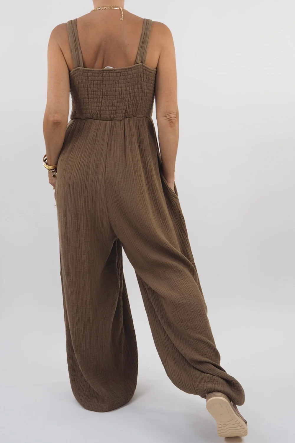 Made In Italy Obi Crepe Cotton Balloon Jumpsuit Saddle 5 Made In Italy Obi Crepe Cotton Balloon Jumpsuit Saddle - Image 3