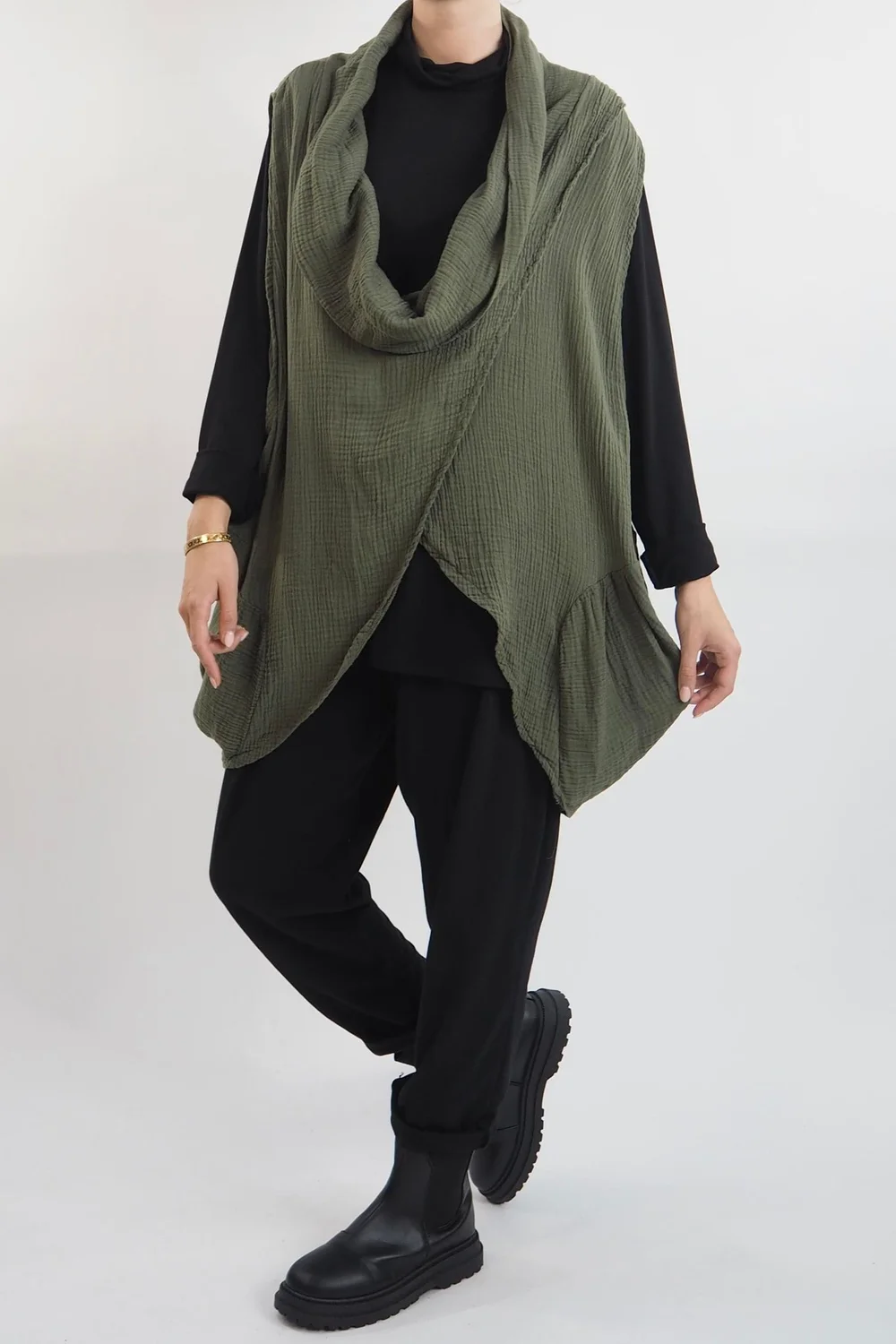 Made In Italy Obi Crepe Cotton Cross Cowl Tank Bonsai 6 Made In Italy Obi Crepe Cotton Cross Cowl Tank Bonsai - Image 4