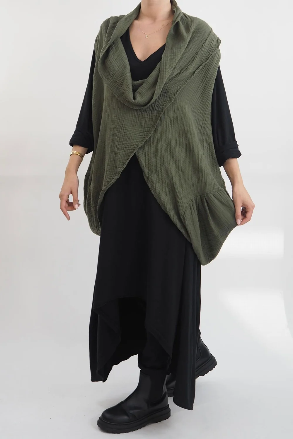 Made In Italy Obi Crepe Cotton Cross Cowl Tank Bonsai 10 Made In Italy Obi Crepe Cotton Cross Cowl Tank Bonsai - Image 8
