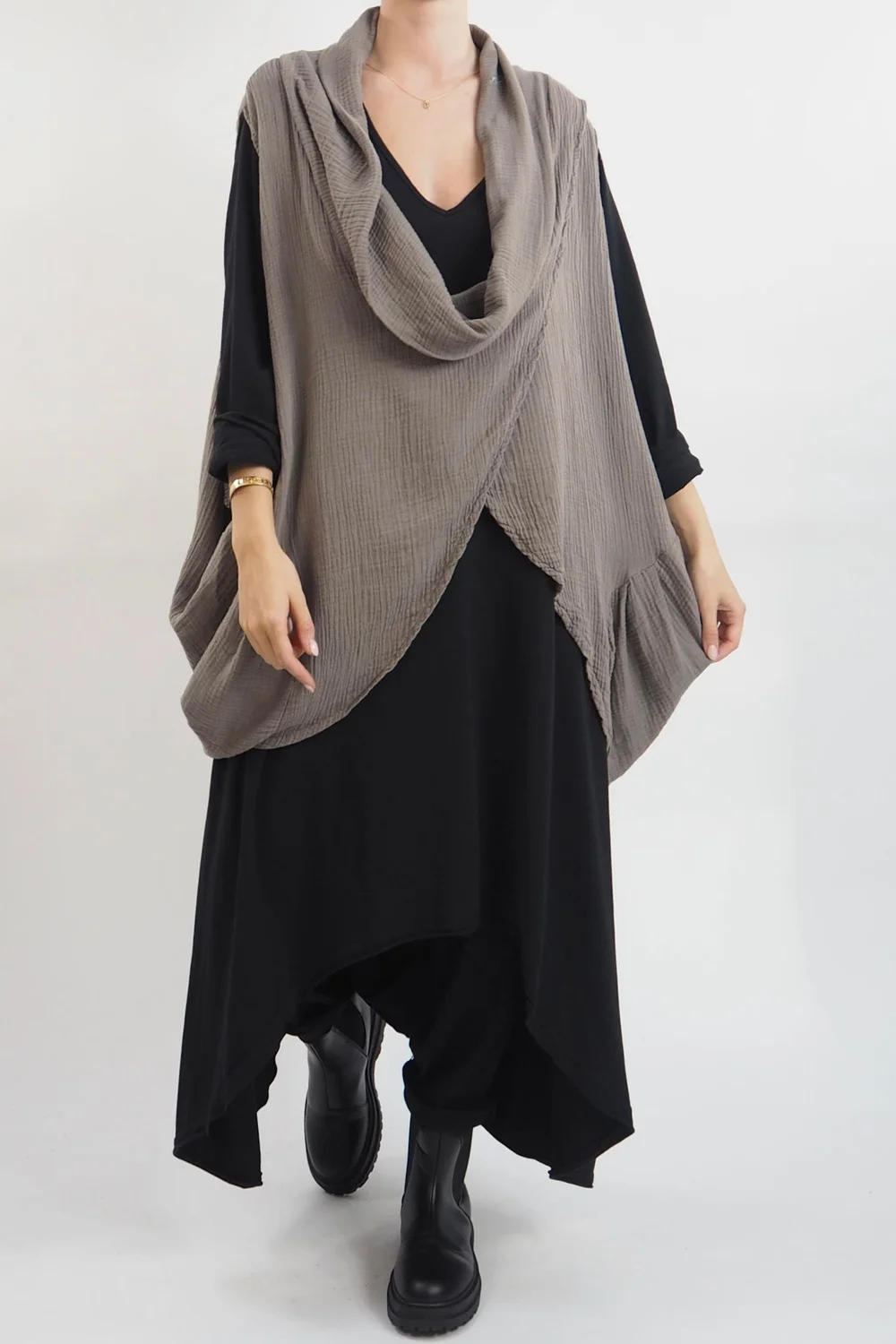 Made In Italy Obi Crepe Cotton Cross Cowl Tank Mushroom 7 Made In Italy Obi Crepe Cotton Cross Cowl Tank Mushroom - Image 5