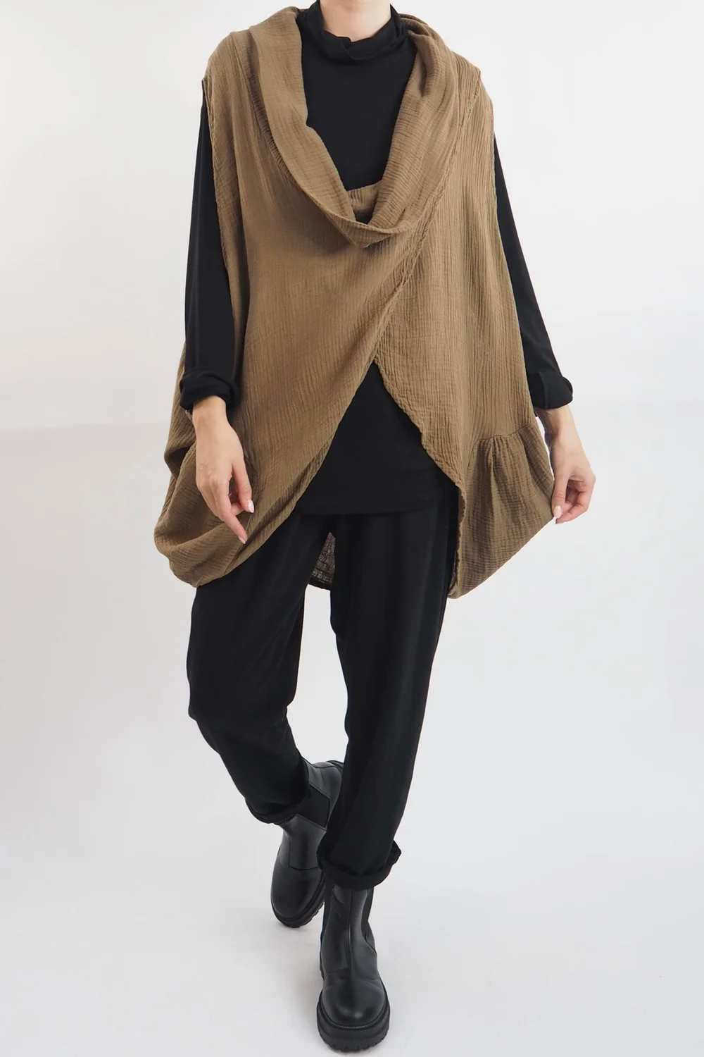 Made In Italy Obi Crepe Cotton Cross Cowl Tank Saddle 3 Made In Italy Obi Crepe Cotton Cross Cowl Tank Saddle