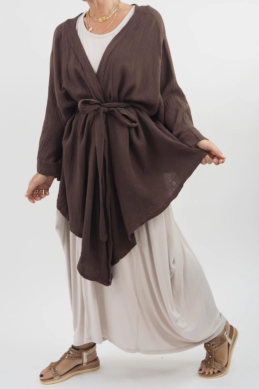 Made In Italy Obi Crepe Cotton Wrap Jacket Truffle 9 Made In Italy Obi Crepe Cotton Wrap Jacket Truffle - Image 7