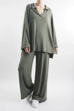 Made In Italy Chalet Collared Soft Knit Set Soft Khaki