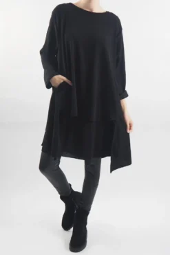 Made In Italy Rib Velvet Soft Stretch Pocket High Low Top Black