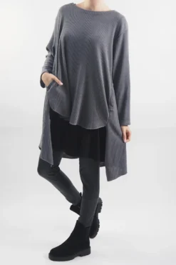 Made In Italy Rib Velvet Soft Stretch Pocket High Low Top Slate