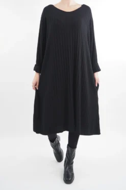 Made In Italy Ribbed Soft Knit Trapeze Dress Black