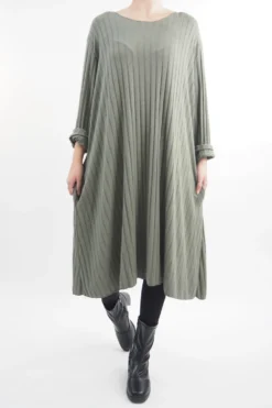 Made In Italy Ribbed Soft Knit Trapeze Dress Khaki