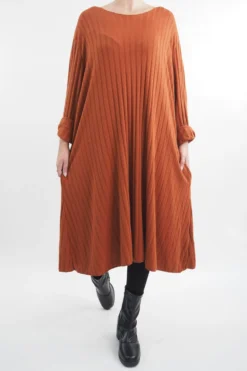 Made In Italy Ribbed Soft Knit Trapeze Dress Saffron