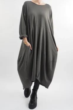 Made In Italy Sander Panel Long Sleeve Cocoon Dress Khaki